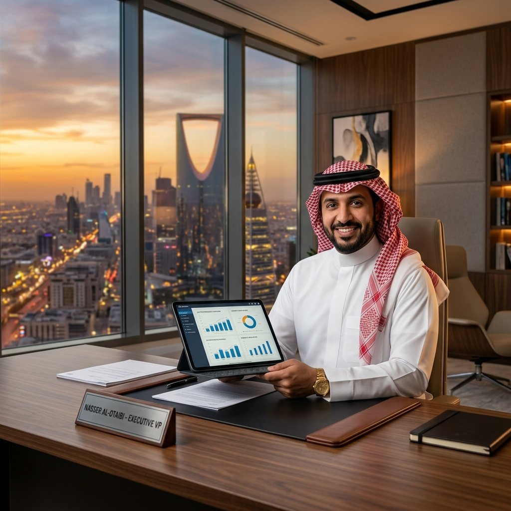 Saudi business executive consulting on tablet